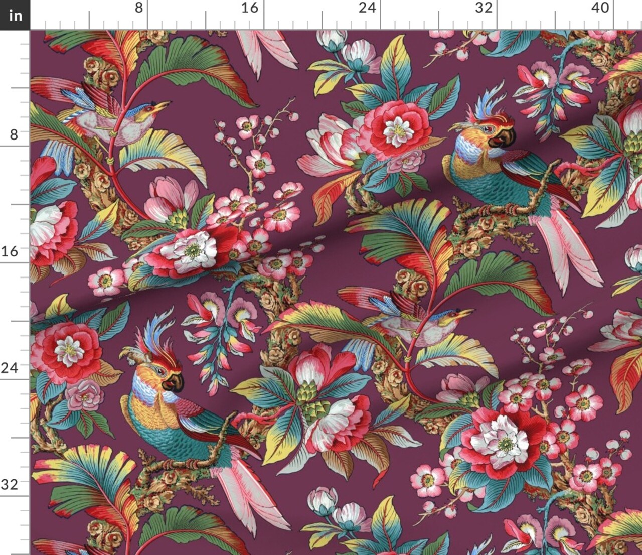 Purple Antique Birds Palm Jungle Tropical Magenta Burgundy Wine Mauve Botanical Parrot Victorian Edwardian Art Nouveau Large Scale Custom Printed Fabric by Spoonflower Various Fabrics by the Yard or Fat Quarter